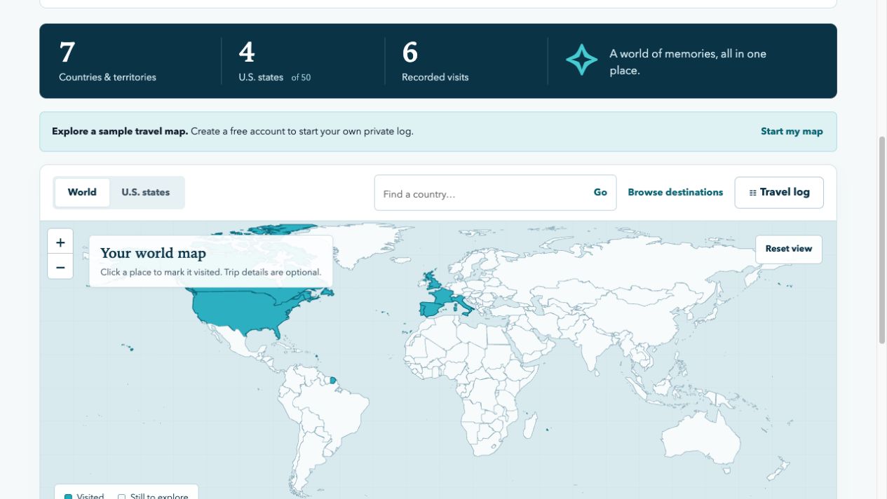 Preview of the Travel Tracker: a world map with visited countries highlighted.